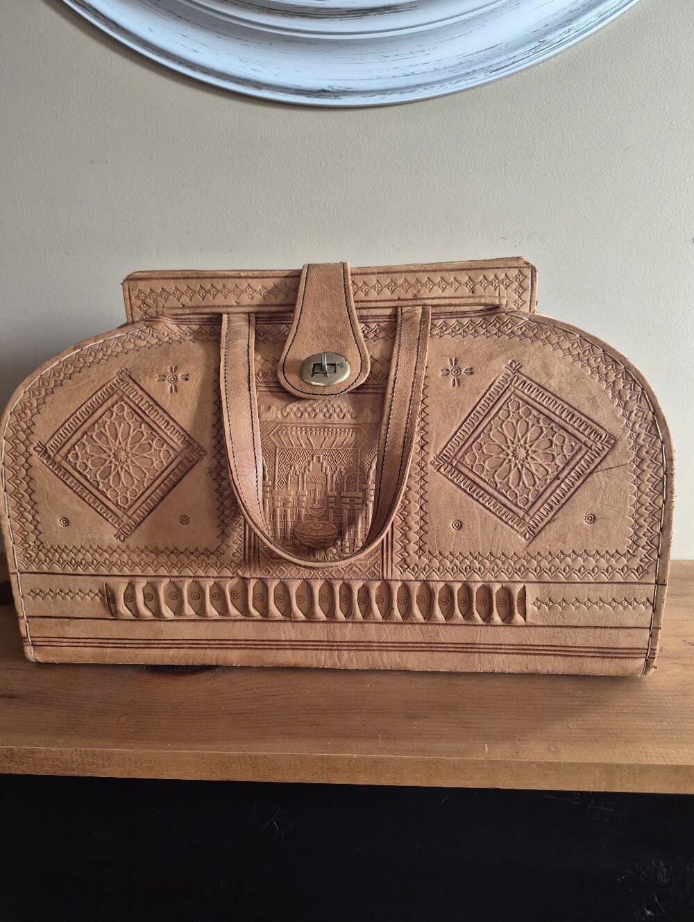 Vintage Embossed Leather Tote Bag in Tan